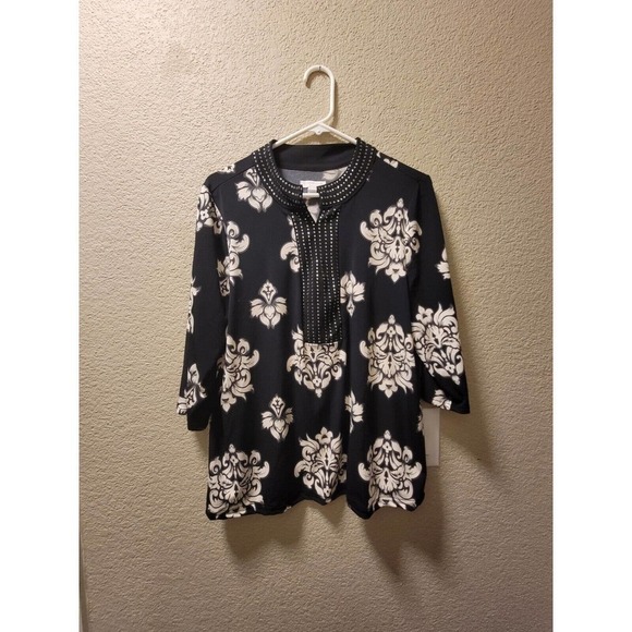 Charter Club Womens Blouse Black Floral V-Neck Long Sleeve Rhinestone Size 1X - Picture 1 of 8